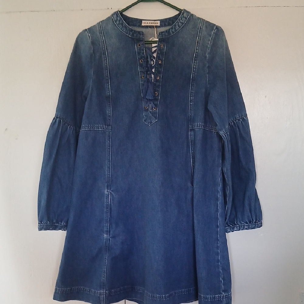 Ulla Johnson Indigo Denim Mini Dress with Lace-Up Neck